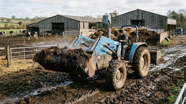 Farm tractor equipped with a front loader transporting manure across a muddy dairy farmyard emphasizing soil enrichment processes in livestock farming.