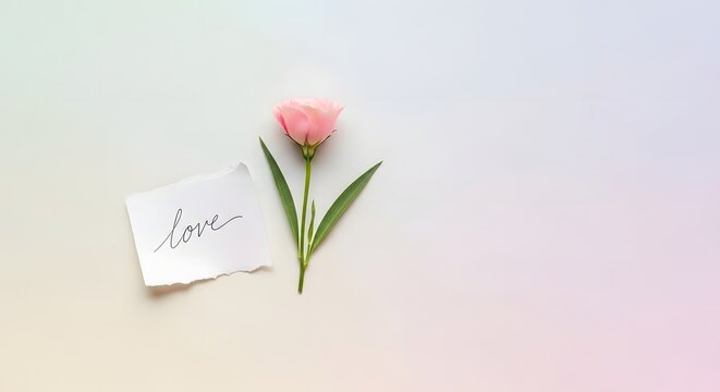 Handwritten love note with pink tulip on soft pink background minimalist composition