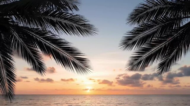 Beautiful tropical sunset over the sea framed by palm tree branches, summer vacation background.