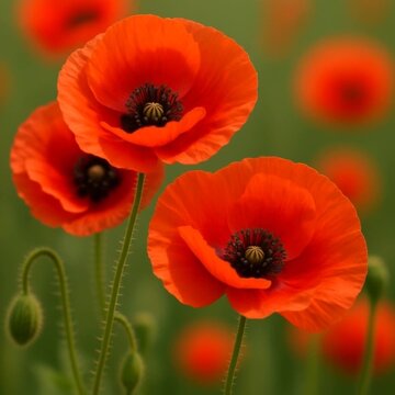 Vibrant red poppy flowers blooming in a green field  
