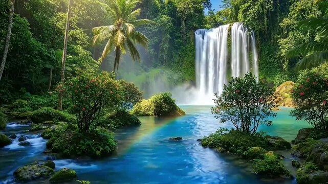 Beautiful tropical waterfall cascading into a turquoise lagoon with a rainbow in a lush jungle, scenic nature landscape