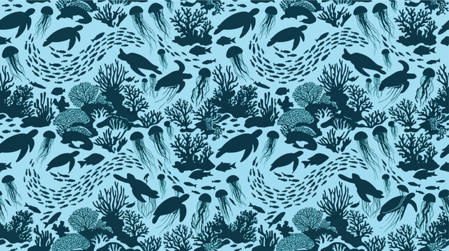Sea turtles and jellyfish swim through a dense coral reef in this aquatic pattern.