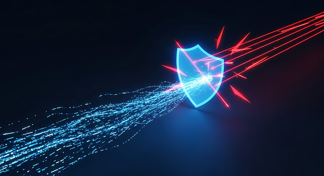 A glowing blue shield deflects red laser beams in a dark digital space with blue fiber optic lines.