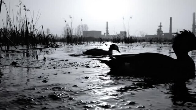 Black and White Scene of Ducks Silhouetted in Water with an Industrial Landscape Background