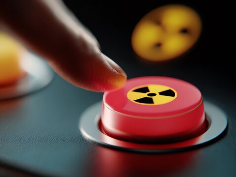 Macro of a finger hovering over a glowing red button, symbolizing nuclear escalation, the fragility of global security, and the high stakes of geopolitical deterrence.