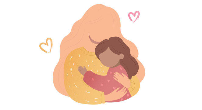 Mother and daughter hugging with love, warm flat illustration of family bonding and affection