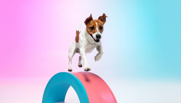 Jumping dog Jack Russell terrier isolated on colorful background action agility dog copy space
