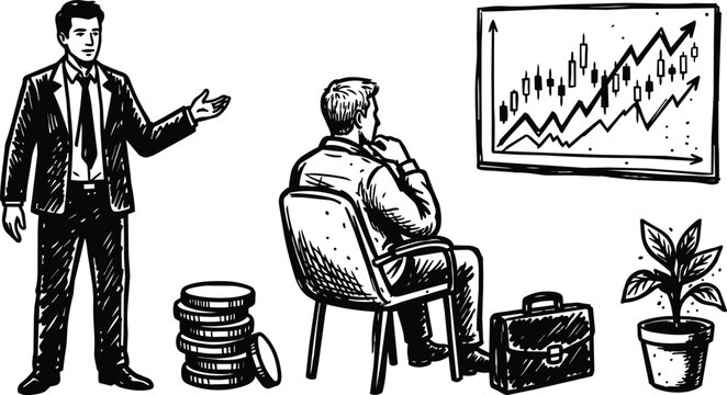 Black and white line art businessman presenting growth chart to seated investor