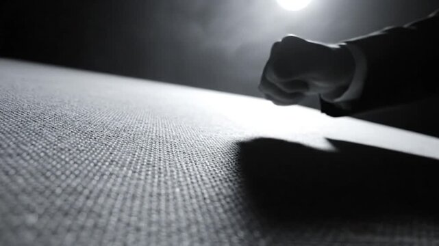 Dramatic Hand Resting then Clenching on Surface in Monochromatic Lighting Showing Mystery and Tension