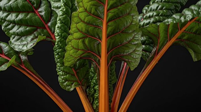 Close-up of vibrant chard plant with colorful red and orange stems and green leaves against a black background.