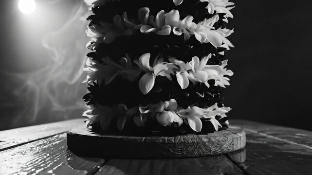 Black and white floral arrangement illuminated by spotlight, with smoke, on rustic wooden table