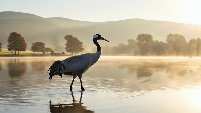 Crane wading in misty lake at golden hour, tranquil autumn landscape with vibrant trees reflecting on water.