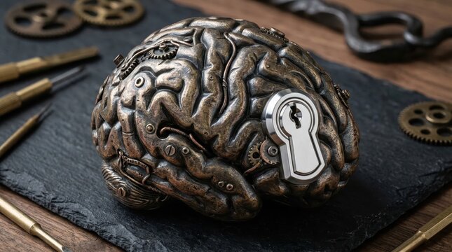Intricate steampunk brain sculpture featuring a metallic lock mechanism evoking thoughts of intelligence and security, meticulously crafted with gears and detailed textures
