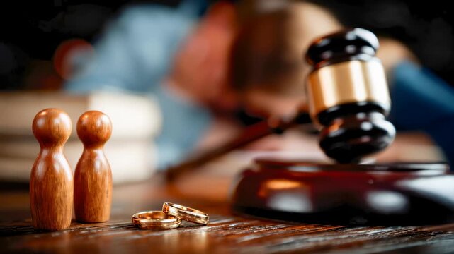 Wooden family figures, wedding rings, and judge gavel illustrating divorce, child custody, and family law proceedings