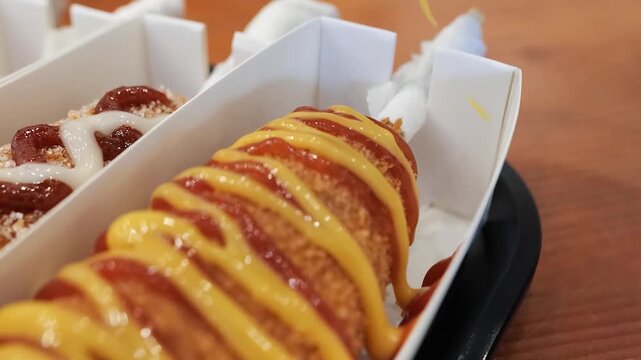 A close-up shot of two delicious, deep-fried Korean corn dogs being topped with zigzags of yellow mustard and red ketchup. The crispy, golden-brown texture is visible, highlighting this popular and ta