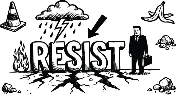 Hand drawn black and white resist lettering cracked ground man with briefcase and arrow