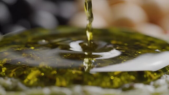 Golden Olive Oil Poured Onto Fresh Food Close Up Macro Shot.