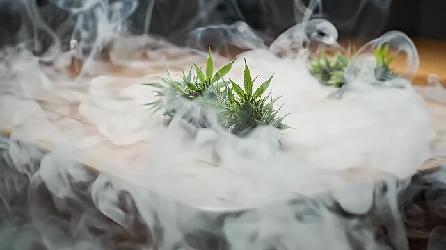 Fresh green cannabis buds on wooden table with flowing thick white smoke, medical marijuana concept.