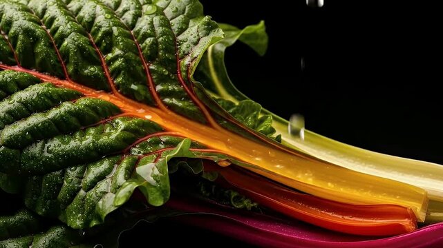 Fresh wet colorful rainbow Swiss chard vegetable with water droplets, healthy cooking ingredient on black background