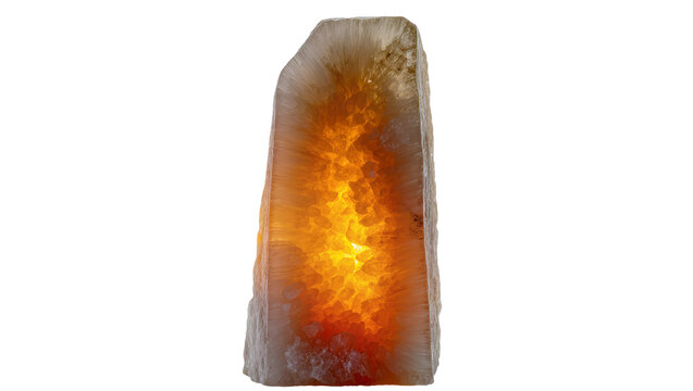 Glowing agate geode slice with fiery orange crystal interior, isolated on transparent background
