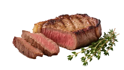 Fotobehang Steakhouse Juicy grilled sirloin steak with thyme sprigs, sliced and isolated on transparent background  © Luke
