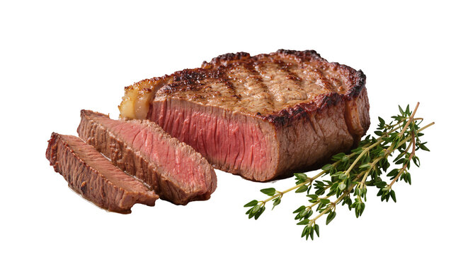 Juicy grilled sirloin steak with thyme sprigs, sliced and isolated on transparent background