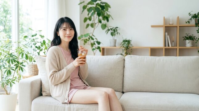 ソファで冷たい飲み物を飲みリラックスする20代女性