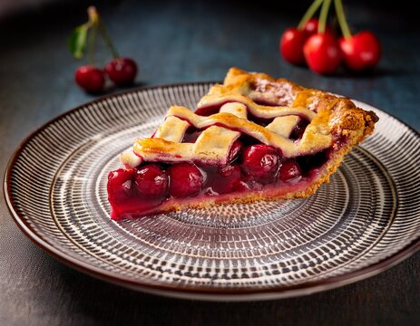 a close up of a fresh cherry pie slice on a decorative plate capturing its glossy appetizing texture in soft lighting