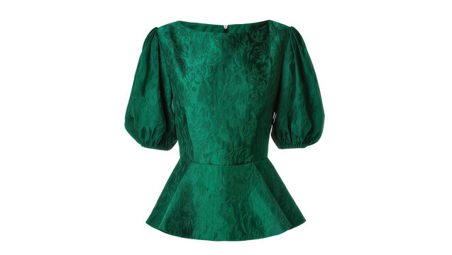 Emerald green jacquard peplum top with puff sleeves, isolated on transparent background