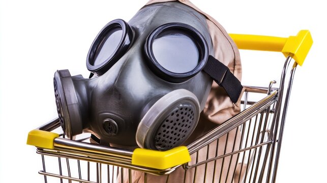 Gas mask in a shopping cart against white background, implying potential danger