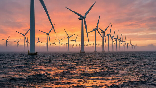 Cinematic Water-Level View of Offshore Wind Farm at Dramatic Sunrise &mdash; Ocean Renewable Energy Power