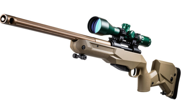 Tan sniper rifle with green scope bipod, isolated on transparent background
