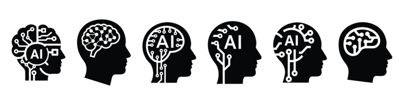 A collection of ai intelligence silhouette business icon set, black color and white background