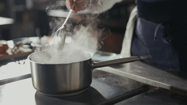 Chef stirs steaming pot with care. Steam rises gently from simmering broth. Professional kitchen setting feels warm and alive. Ideal for food, cooking, or culinary process visuals