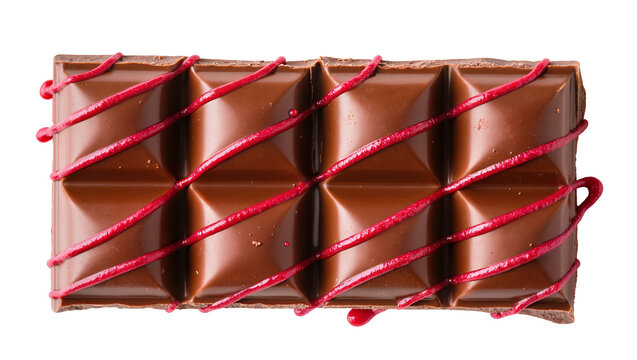 Rich milk chocolate bar with red raspberry drizzle, isolated on transparent background