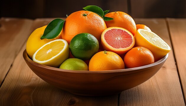 brightly colored citrus fruits arranged in a bowl isolated on a wooden table edible vibrant food citrus fruit