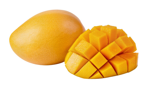 Whole ripe mango fruit and diced mango cubes, isolated on transparent background