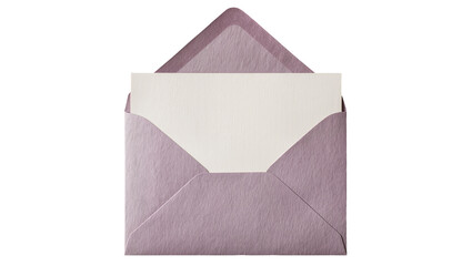 Open lavender envelope with blank white card inside, isolated on transparent background © Luke