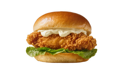 Crispy fried chicken burger with mayonnaise and lettuce, isolated on transparent background © Luke
