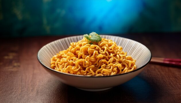 instant masala maggi noodles served in a bowl with selective focus and blurred background
