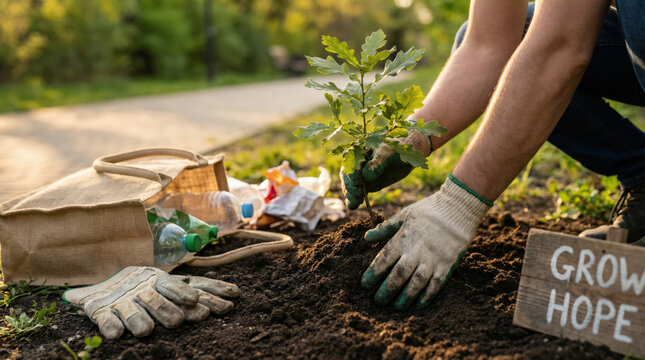 Hands planting young tree sapling in soil beside reusable bag gloves plastic bottles representing community cleanup environmental action recycling sustainability hope ecological restoration