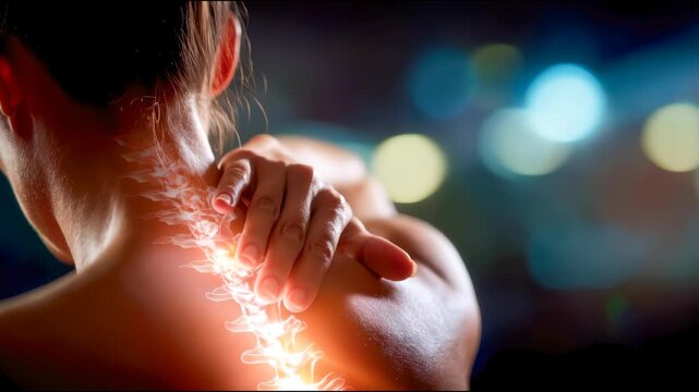 Woman holding her neck with glowing spine illustration, representing cervical pain, posture issues, and back health concept