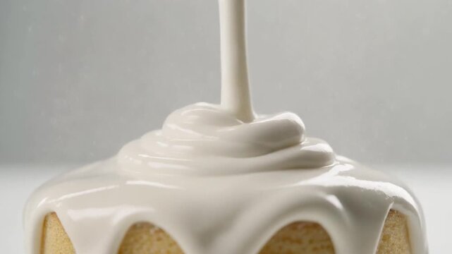 Creamy Icing Drizzling Onto Delicious Cake Close Up