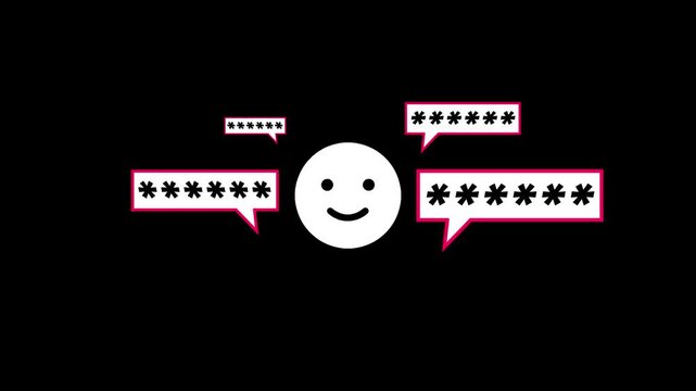 Animated smiley face with speech bubbles and asterisk text on black background