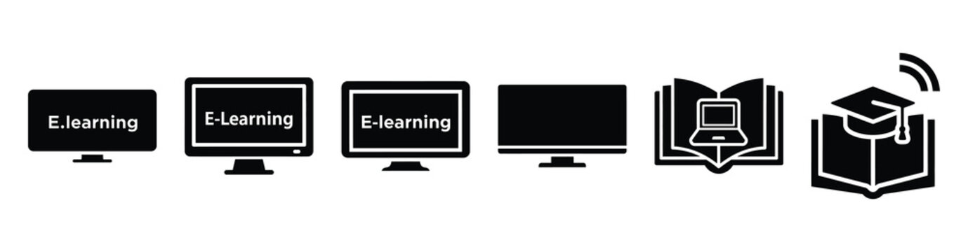 A collection of e learning platform silhouette business icon set, black color and white background