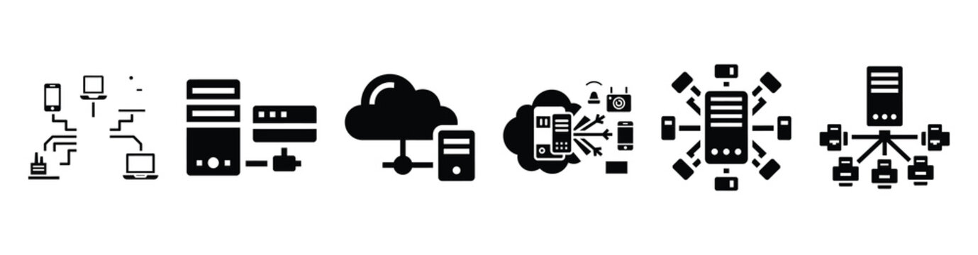 A collection of edge computing silhouette business icon set, black color and white background