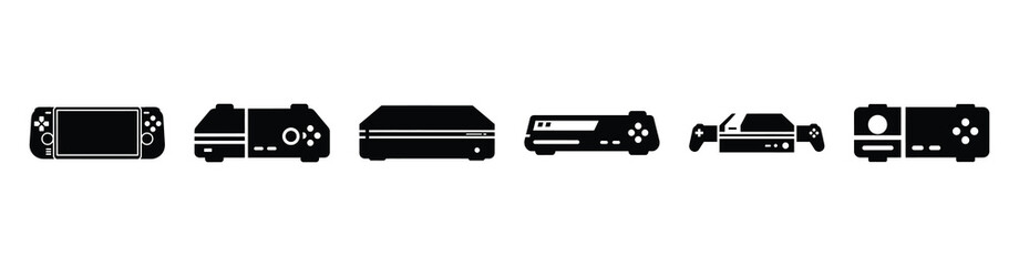 A collection of gaming console silhouette business icon set, black color and white background © Shilpy