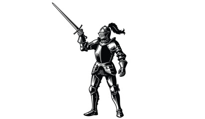 A detailed illustration showcases a medieval knight in full armor holding a sword aloft with determination a striking silhouette high quality professional modern elegant © rsvect02