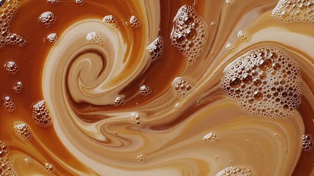 Macro swirl of coffee and cream with air bubbles