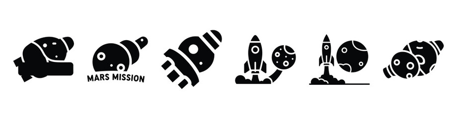 A collection of mars mission silhouette business icon set, black color and white background © Shilpy
